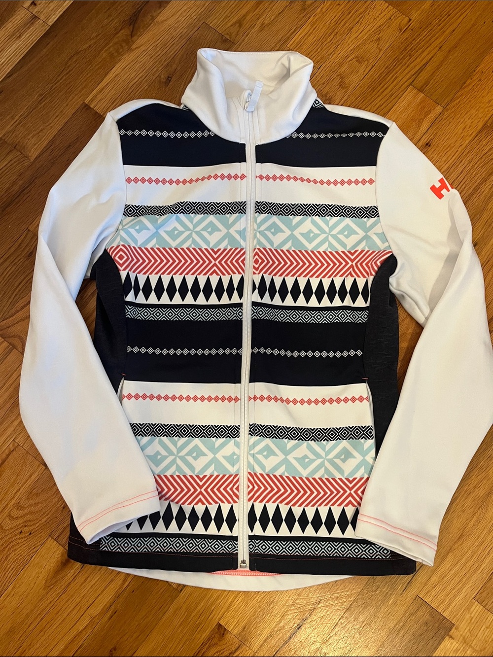 Helly Hansen White Zip-Up Sweater Jacket with Black, Coral & Light Blue Pattern